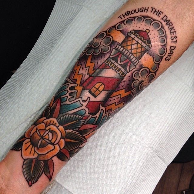 Yellow Rose And Neo Traditional Lighthouse Tattoo On Forearm