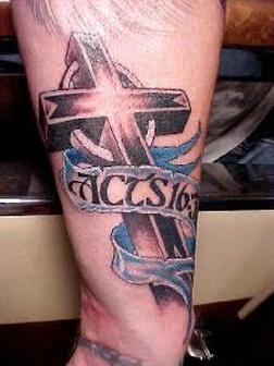 3D Christian Cross With Banner Tattoo On Forearm
