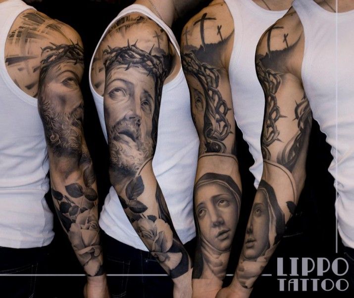 3D Christian Jesus And Saint Mary Face Tattoo On Full Sleeve