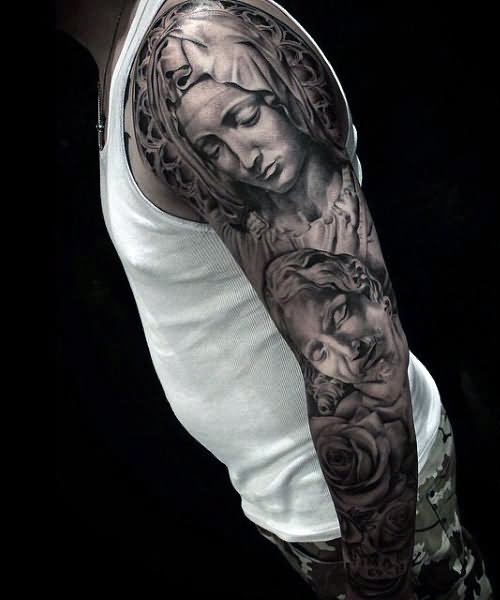 3D Christian Saint Mary And Jesus Face Tattoo On Man Left Full Sleeve