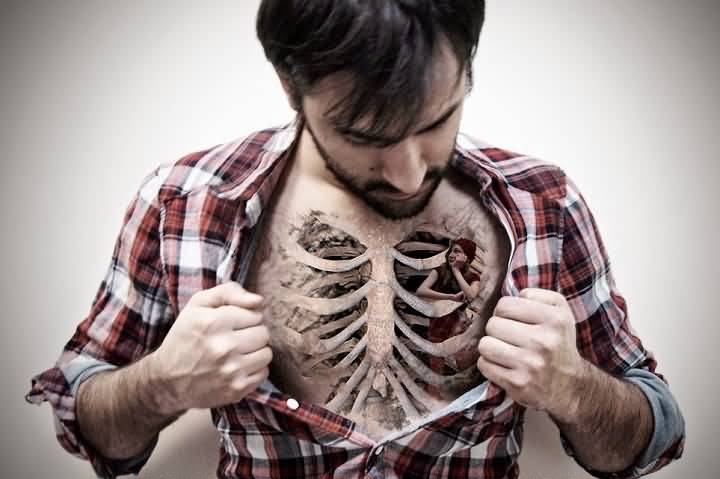 3D Rib Cage Bone Tattoo On Man Chest
