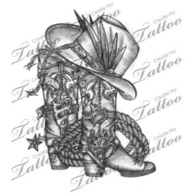 Amazing Cowboy Shoes With Hat And Rope Tattoo Design