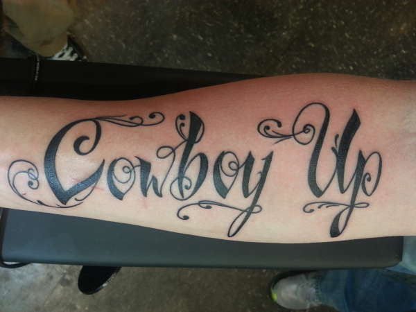 Amazing Cowboy Up Lettering Tattoo Design For Forearm