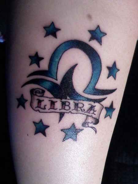 Black And Blue Ink Stars And Libra Zodiac Tattoo