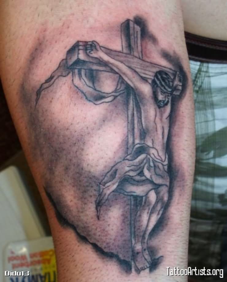Black And Grey Christian Jesus On Cross Tattoo Design For Arm