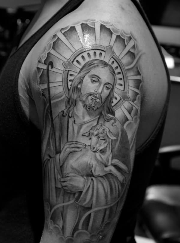 Black And Grey Christian Jesus Tattoo On Man Left Half Sleeve