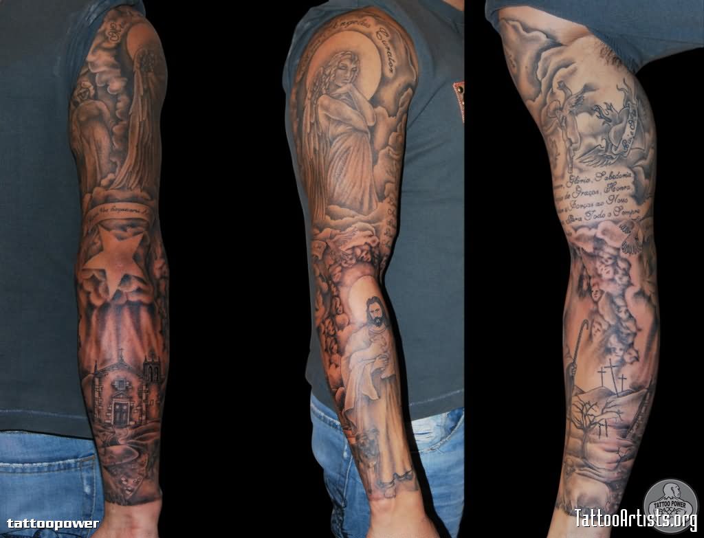 Black And Grey Christian Jesus Tattoo On Right Full Sleeve