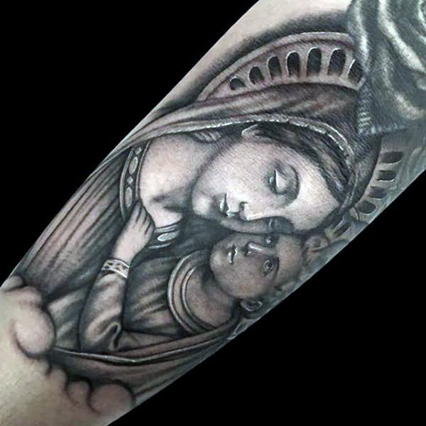 Black And Grey Christian Saint Mary Tattoo Design For Forearm