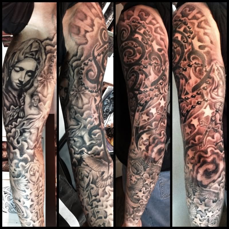Black And Grey Christian Saint Mary Tattoo On Full Sleeve