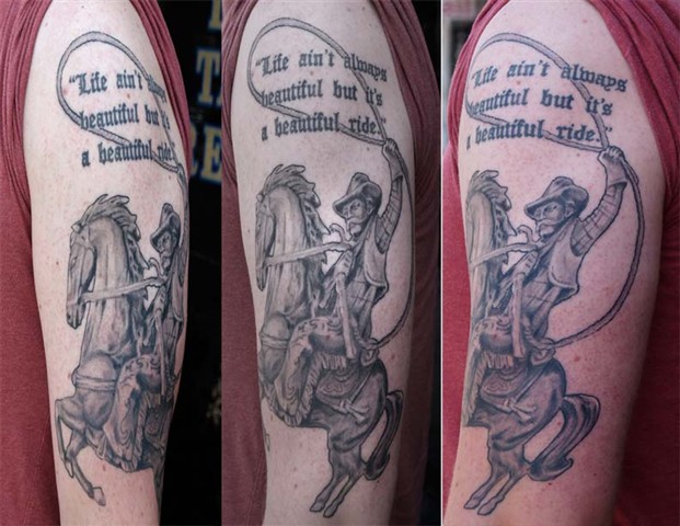 Black And Grey Cowboy Riding Horse Tattoo On Half Sleeve