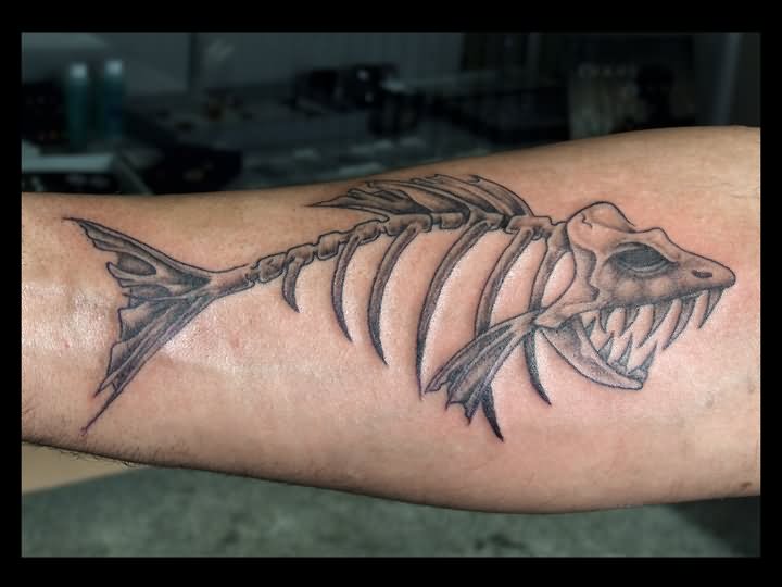 Black And Grey Fish Bone Tattoo Design For Forearm