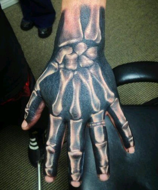 Black And Grey Hand Bone Tattoo On Hand