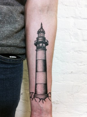 Black And Grey Lighthouse Tattoo On Forearm For Girls