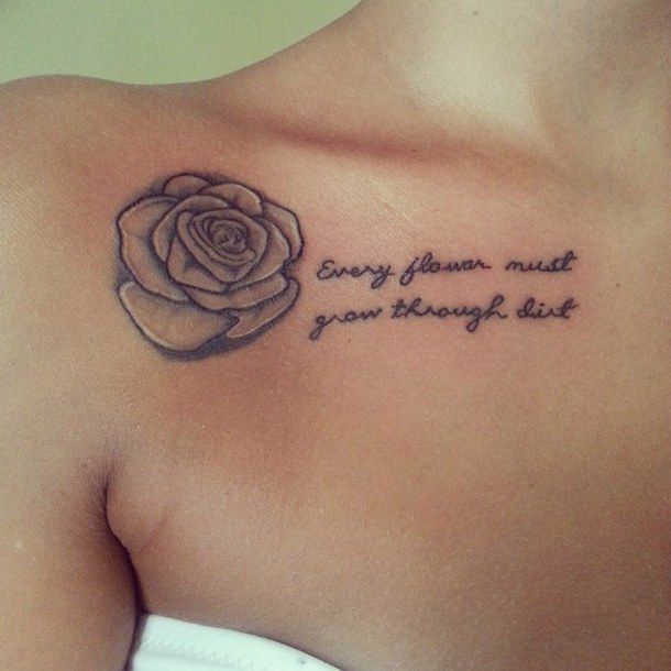 Black And Grey Rose Tattoo On Collarbone