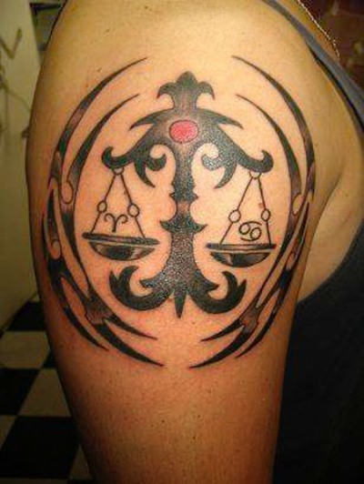Black And Grey Zodiac Sign Tattoo On Right Shoulder