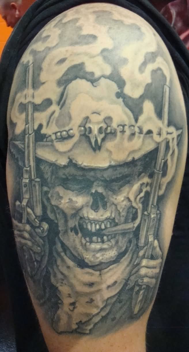 Black And Grey Zombie Cowboy Tattoo On Half Sleeve