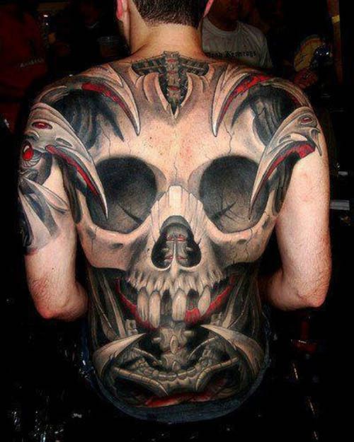 Black And Red 3D Skull Bone Tattoo On Full Back