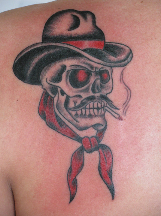 Black And Red Smoking Cowboy Skull Tattoo On Left Back Shoulder