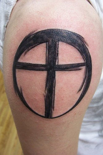 Black Christian Cross Tattoo On Shoulder
