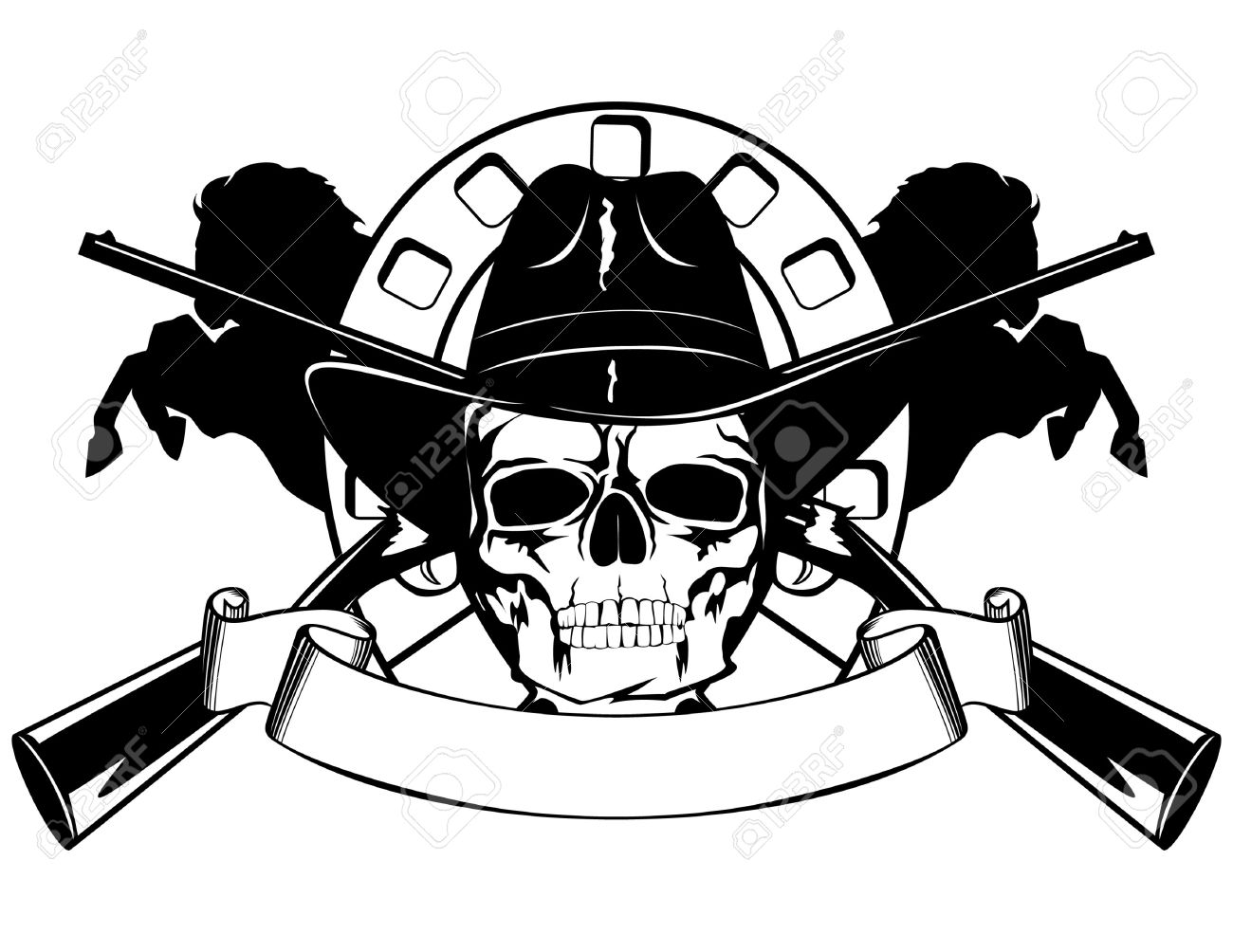 Black Cowboy Skull With Two Crossing Guns And Ribbon Tattoo Stencil