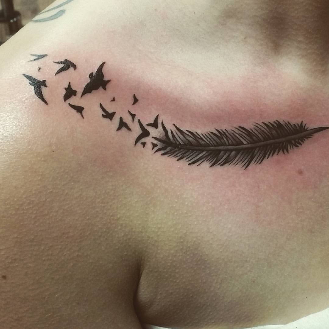 Black Feather With Flying Birds Tattoo On Collarbone