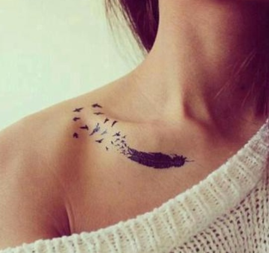 Black Feather With Flying Birds Tattoo On Girl Collarbone