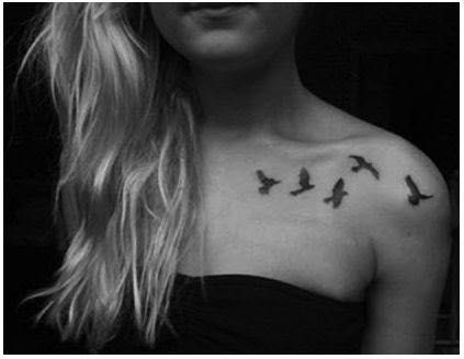 Black Flying Birds Tattoo On Girl Collarbone