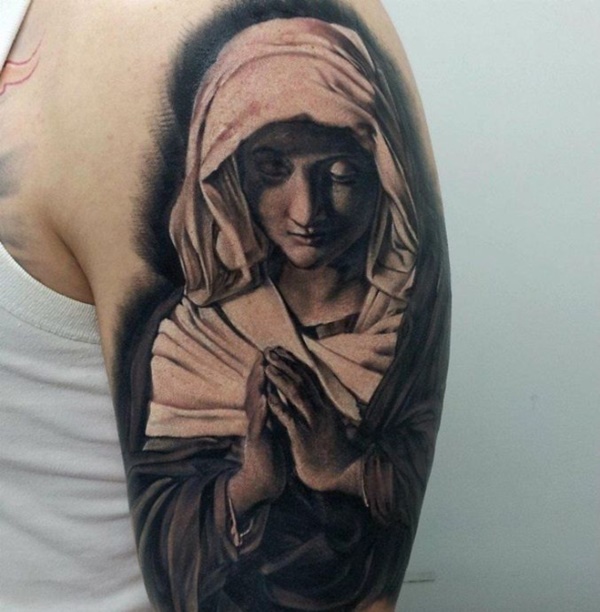 Black Ink 3D Christian Saint Mary Tattoo On Half Sleeve