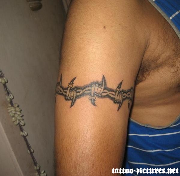Black Ink Barbed Band Tattoo On Right Half Sleeve