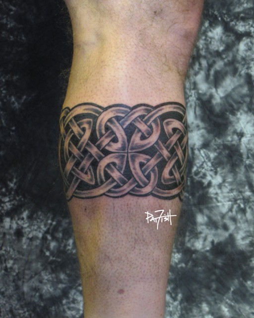Black Ink Celtic Band Tattoo On Leg