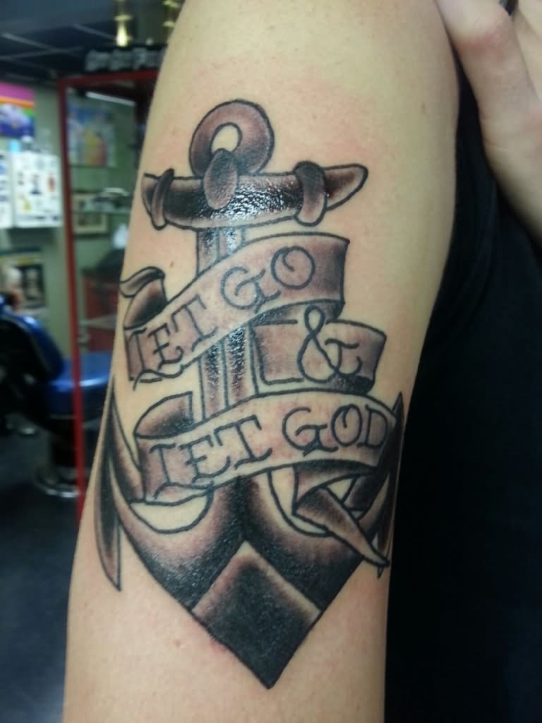 Black Ink Christian Anchor With Banner Tattoo Design For Half Sleeve