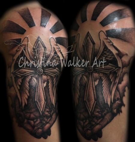 Black Ink Christian Cross With Wings Tattoo Design For Half Sleeve