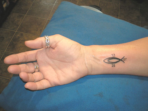 Black Ink Christian Jesus Fish Tattoo On Wrist