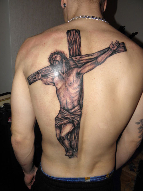 Black Ink Christian Jesus On Cross Tattoo On Full Back
