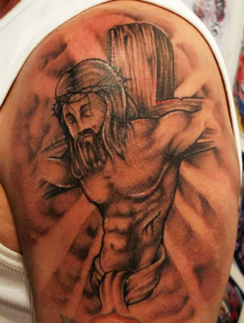 Black Ink Christian Jesus On Cross Tattoo On Half Sleeve