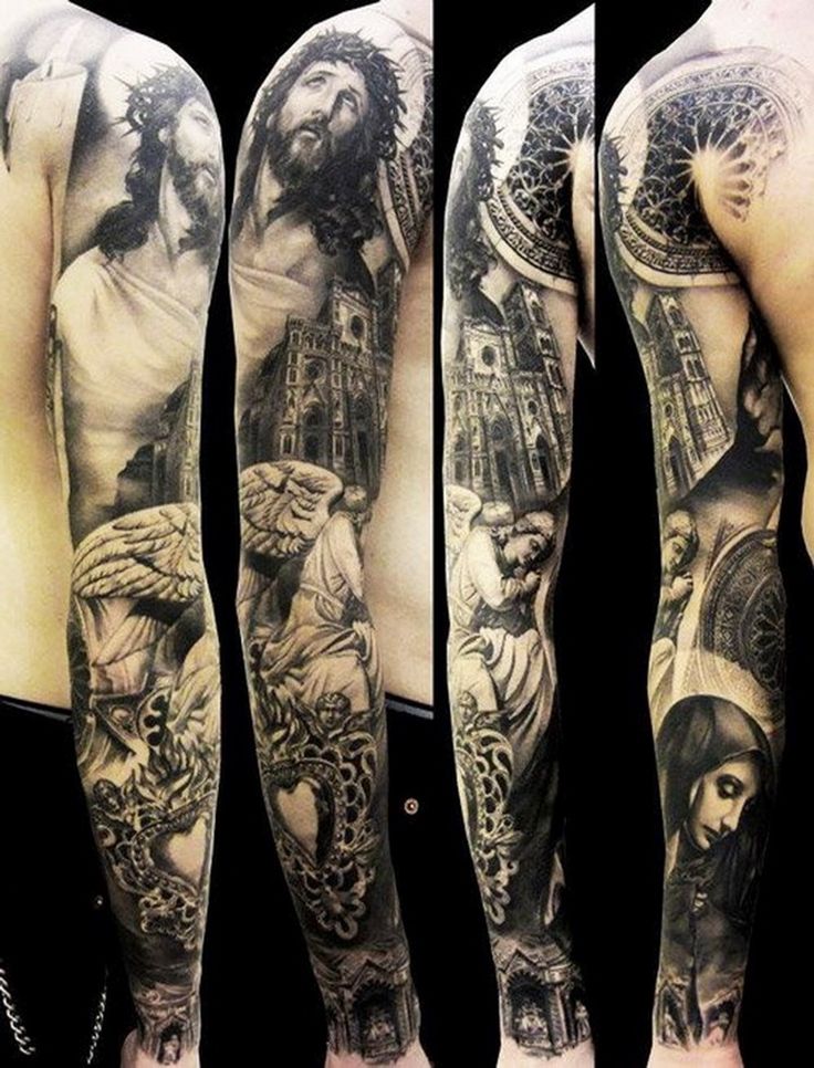 Black Ink Christian Jesus With Angle Tattoo On Full Sleeve