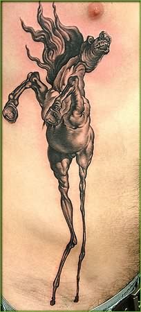Black Ink Cowboy Dali Horse Tattoo On Man Side Rib