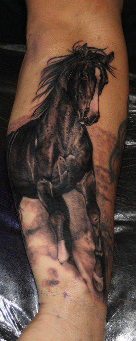 Black Ink Cowboy Horse Tattoo On Forearm