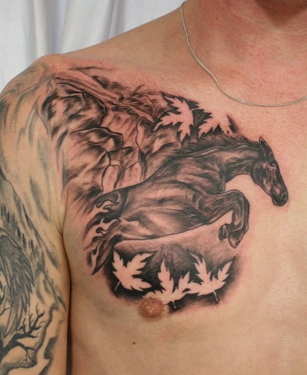 Black Ink Cowboy Horse Tattoo On Man Right Chest