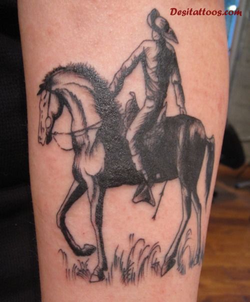Black Ink Cowboy Riding Horse Tattoo Design For Sleeve