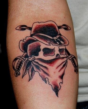 Black Ink Cowboy Skull Tattoo On Forearm