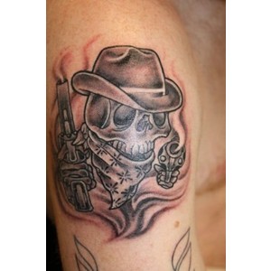 Black Ink Cowboy Skull Tattoo On Half Sleeve