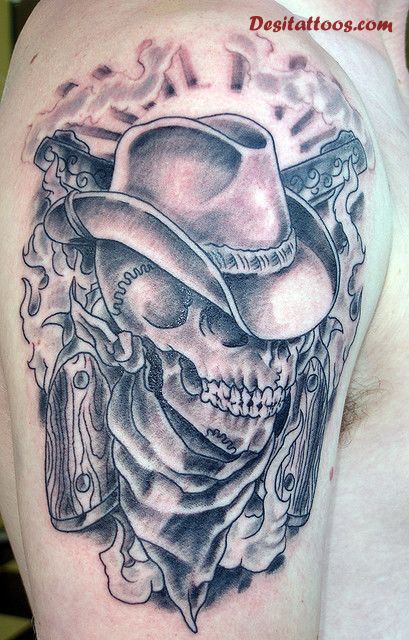 Black Ink Cowboy Skull Tattoo On Right Half Sleeve