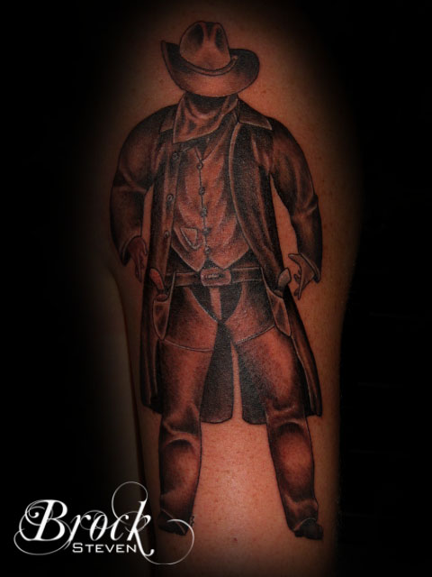 Black Ink Cowboy Tattoo Design For Arm