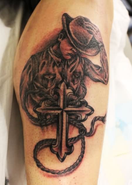 Black Ink Cowboy With Cross Tattoo Design