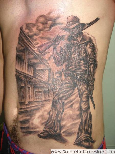 Black Ink Cowboy With Gun Tattoo On Man Side Rib