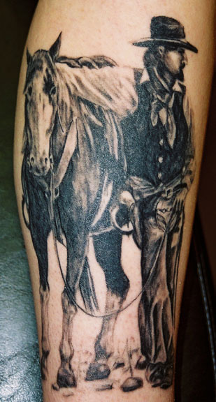 Black Ink Cowboy With Horse Tattoo Design For Arm