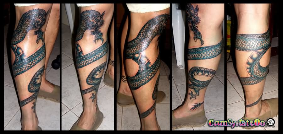 Black Ink Dragon Band Tattoo On Full Leg