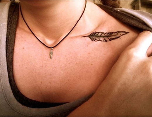 Black Ink Feather Tattoo On Collarbone
