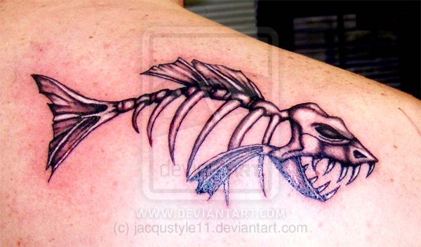 Black Ink Fish Bone Tattoo Design For Back Shoulder